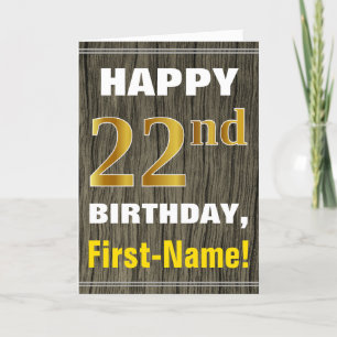 Tarjeta Negrita, Faux Wood, Faux Gold 22 cumpleaños + Nomb