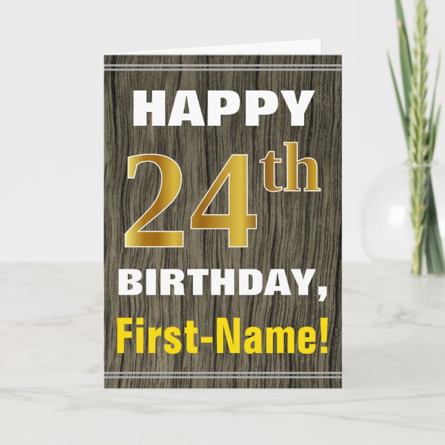 Tarjeta Negrita, Faux Wood, Faux Gold 24 cumpleaños + Nomb (Anverso)