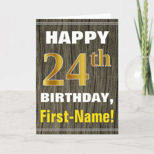 Tarjeta Negrita, Faux Wood, Faux Gold 24 cumpleaños + Nomb