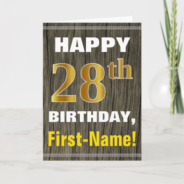 Tarjeta Negrita, Faux Wood, Faux Gold 28 cumpleaños + Nomb (Anverso)