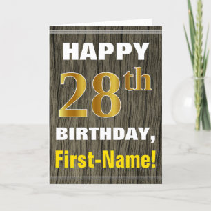 Tarjeta Negrita, Faux Wood, Faux Gold 28 cumpleaños + Nomb