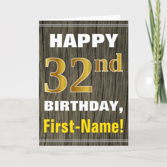 Tarjeta Negrita, Faux Wood, Faux Gold 32nd Birthday + Nomb (Anverso)