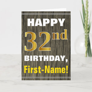 Tarjeta Negrita, Faux Wood, Faux Gold 32nd Birthday + Nomb