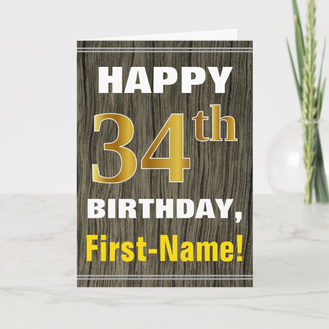 Tarjeta Negrita, Faux Wood, Faux Gold 34th Birthday + Name (Anverso)
