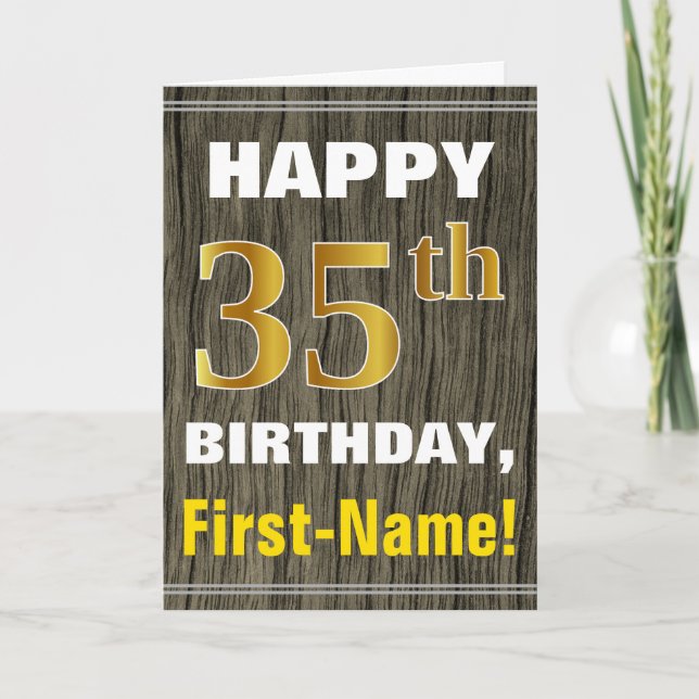 Tarjeta Negrita, Faux Wood, Faux Gold 35th Birthday + Name (Anverso)