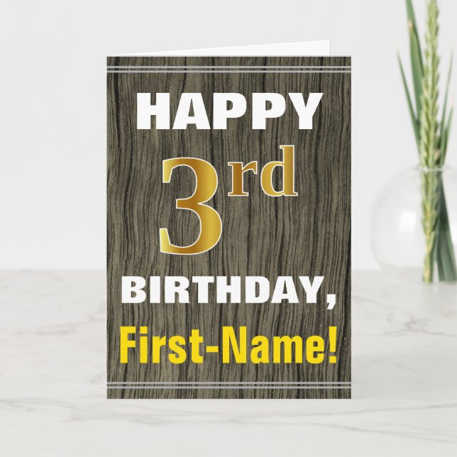Tarjeta Negrita, Faux Wood, Faux Gold 3Cumpleaños + Nombre (Anverso)