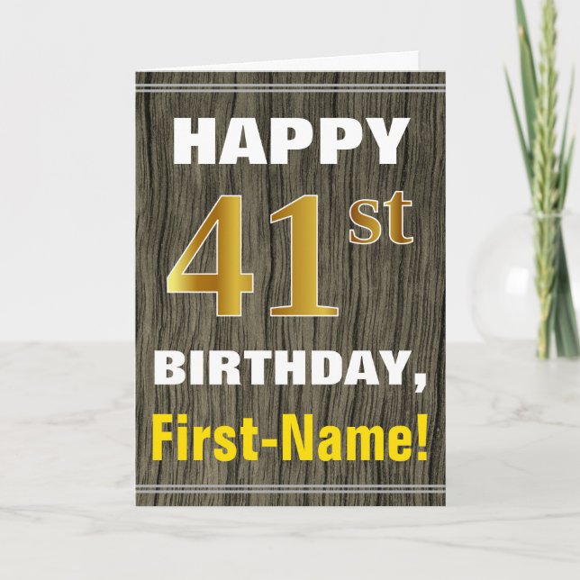 Tarjeta Negrita, Faux Wood, Faux Gold 41st Birthday + Nomb (Anverso)