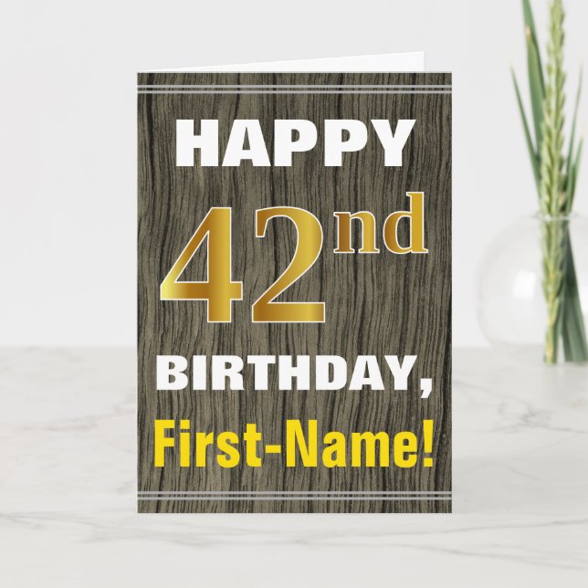 Tarjeta Negrita, Faux Wood, Faux Gold 42nd Birthday + Nomb (Anverso)