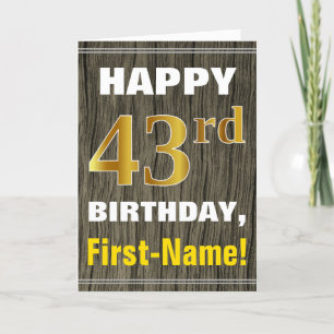 Tarjeta Negrita, Faux Wood, Faux Gold 43rd Birthday + Name