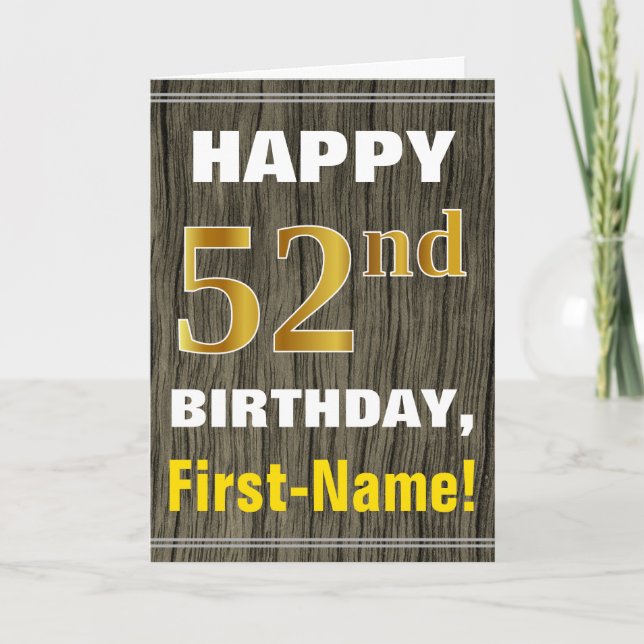 Tarjeta Negrita, Faux Wood, Faux Gold 52nd Birthday + Nomb (Anverso)