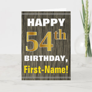 Tarjeta Negrita, Faux Wood, Faux Gold 54th Birthday + Name
