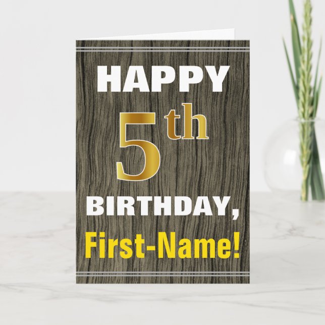 Tarjeta Negrita, Faux Wood, Faux Gold 5Cumpleaños + Nombre (Anverso)