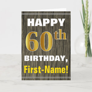 Tarjeta Negrita, Faux Wood, Faux Gold 60th Birthday + Name
