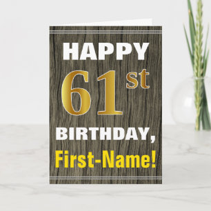 Tarjeta Negrita, Faux Wood, Faux Gold 61 cumpleaños + Nomb