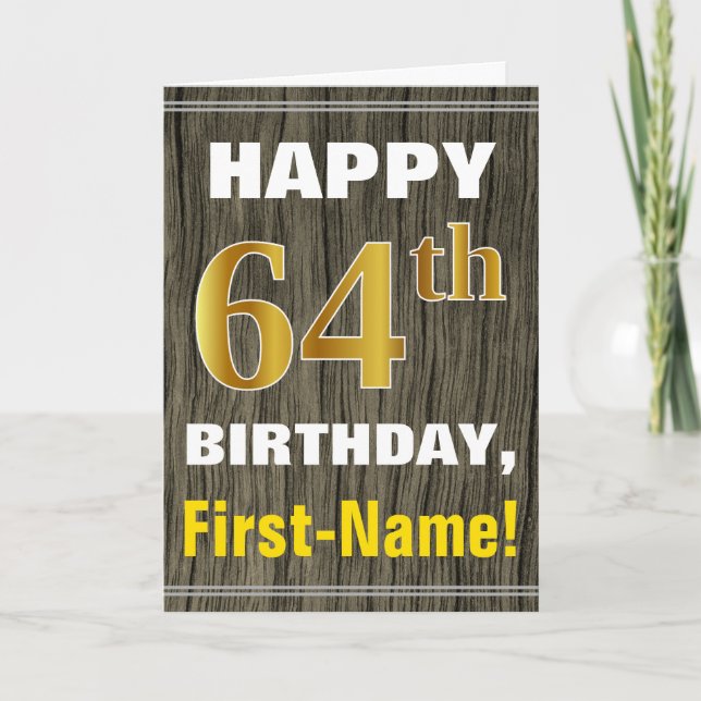 Tarjeta Negrita, Faux Wood, Faux Gold 64 cumpleaños + Nomb (Anverso)