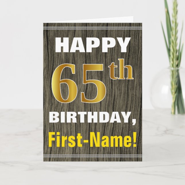 Tarjeta Negrita, Faux Wood, Faux Gold 65th Birthday + Nomb (Anverso)