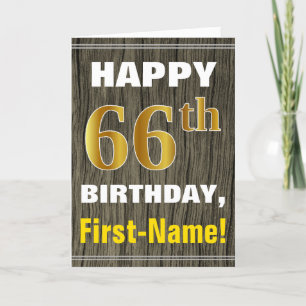 Tarjeta Negrita, Faux Wood, Faux Gold 66 cumpleaños + Nomb