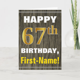 Tarjeta Negrita, Faux Wood, Faux Gold 67 cumpleaños + Nomb