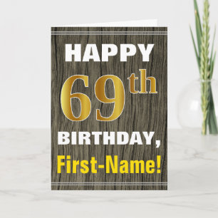 Tarjeta Negrita, Faux Wood, Faux Gold 69 cumpleaños + Nomb