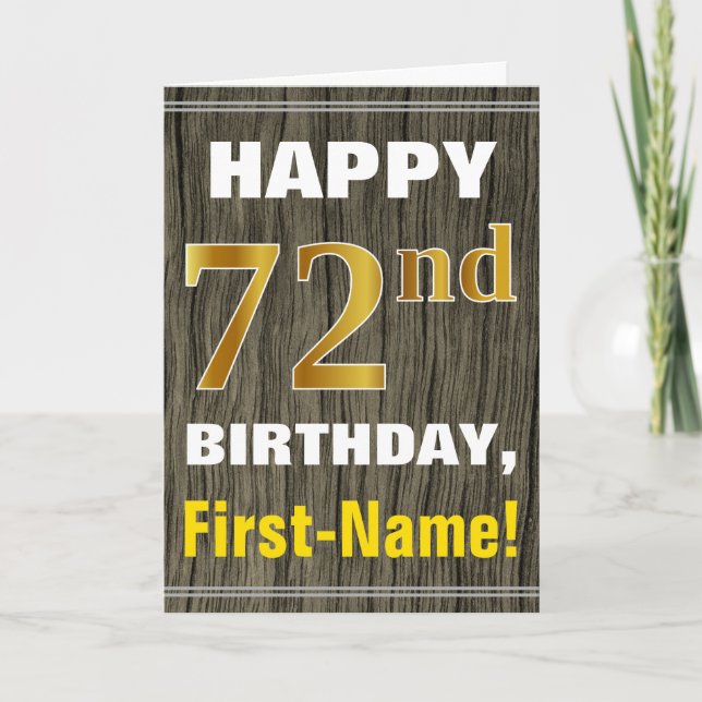 Tarjeta Negrita, Faux Wood, Faux Gold 72nd Birthday + Nomb (Anverso)