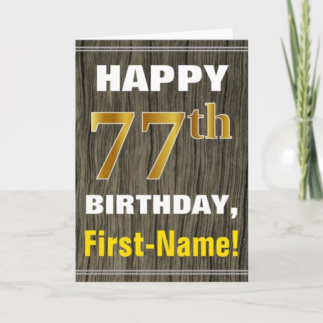 Tarjeta Negrita, Faux Wood, Faux Gold 77th Birthday + Name (Anverso)
