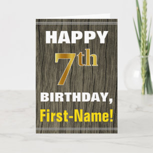 Tarjeta Negrita, Faux Wood, Faux Gold 7Cumpleaños + Nombre