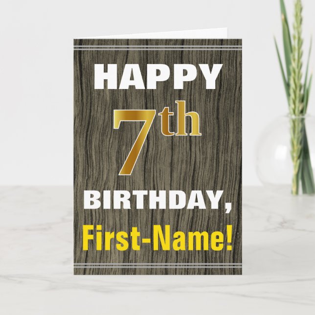 Tarjeta Negrita, Faux Wood, Faux Gold 7Cumpleaños + Nombre (Anverso)