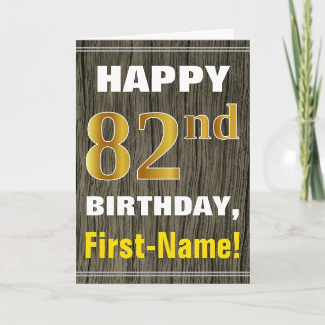 Tarjeta Negrita, Faux Wood, Faux Gold 82nd Birthday + Nomb (Anverso)