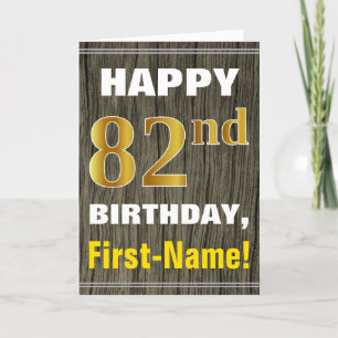 Tarjeta Negrita, Faux Wood, Faux Gold 82nd Birthday + Nomb