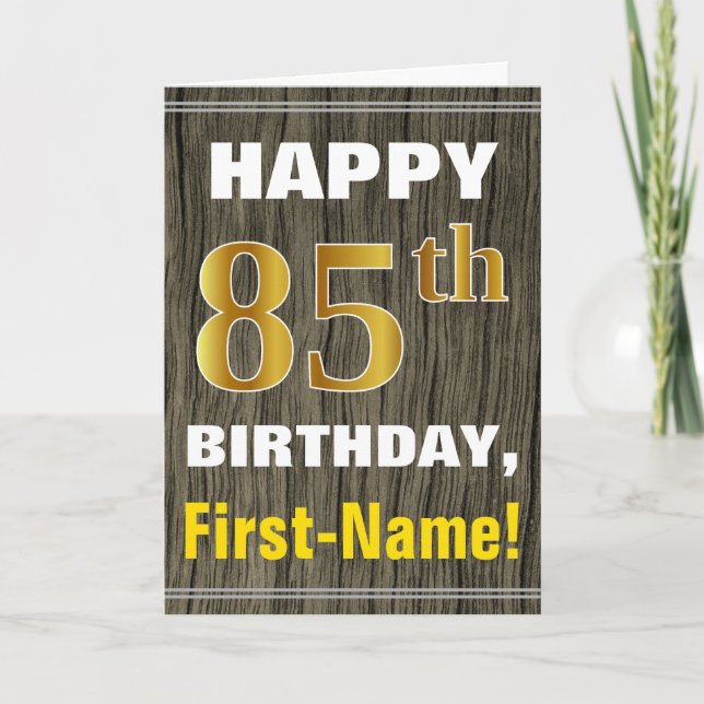 Tarjeta Negrita, Faux Wood, Faux Gold 85th Birthday + Name (Anverso)