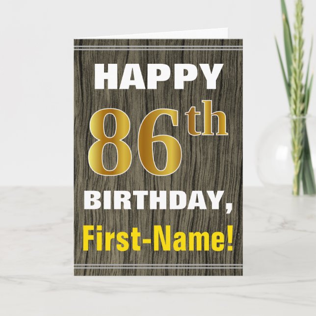 Tarjeta Negrita, Faux Wood, Faux Gold 86th Birthday + Name (Anverso)
