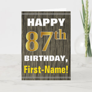 Tarjeta Negrita, Faux Wood, Faux Gold 87 cumpleaños + Nomb