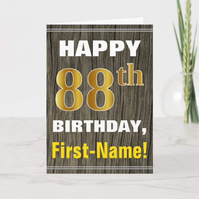 Tarjeta Negrita, Faux Wood, Faux Gold 88th Birthday + Name (Anverso)