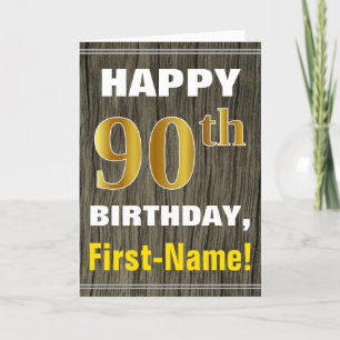 Tarjeta Negrita, Faux Wood, Faux Gold 90th Birthday + Name