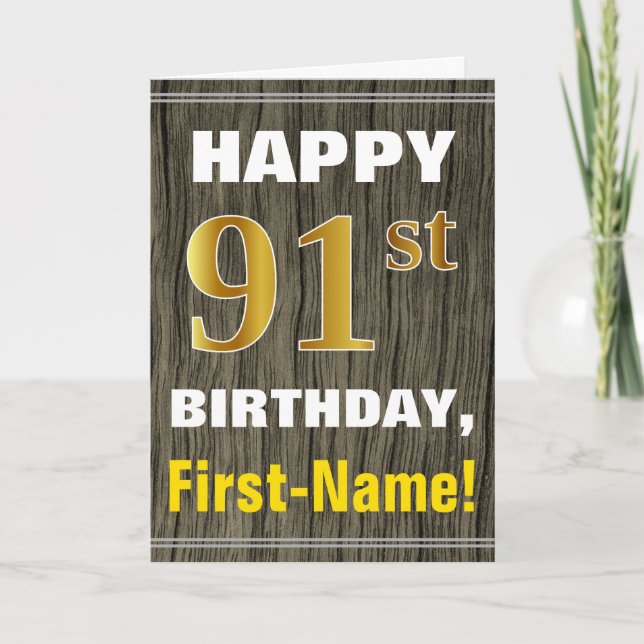 Tarjeta Negrita, Faux Wood, Faux Gold 91st Birthday + Nomb (Anverso)