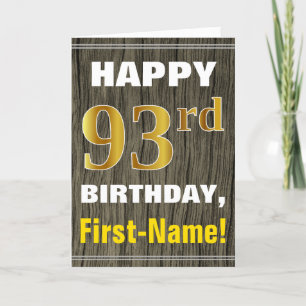 Tarjeta Negrita, Faux Wood, Faux Gold 93rd Birthday + Name