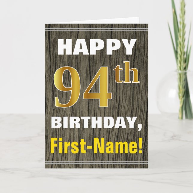 Tarjeta Negrita, Faux Wood, Faux Gold 94th Birthday + Name (Anverso)