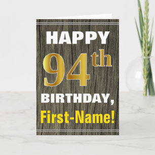 Tarjeta Negrita, Faux Wood, Faux Gold 94th Birthday + Name