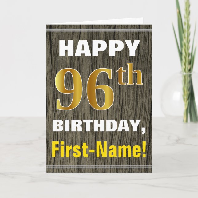 Tarjeta Negrita, Faux Wood, Faux Gold 96th Birthday + Name (Anverso)