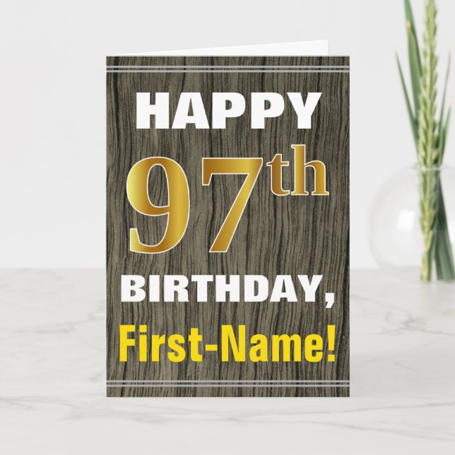 Tarjeta Negrita, Faux Wood, Faux Gold 97th Birthday + Name (Anverso)