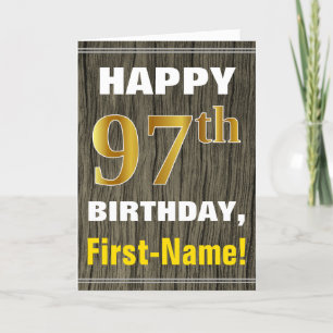 Tarjeta Negrita, Faux Wood, Faux Gold 97th Birthday + Name