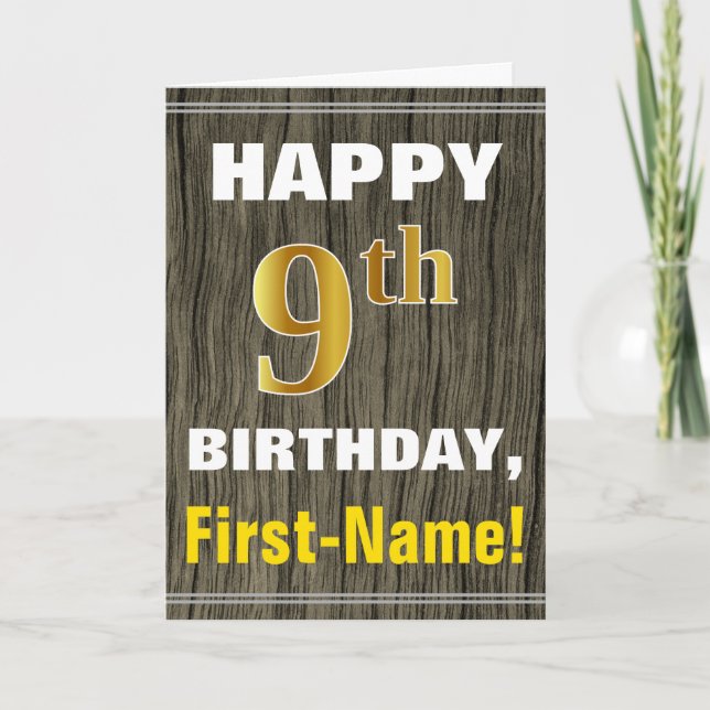 Tarjeta Negrita, Faux Wood, Faux Gold 9Cumpleaños + Nombre (Anverso)