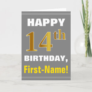 Tarjeta Negrita, gris, oro falso 14º cumpleaños con tarjet