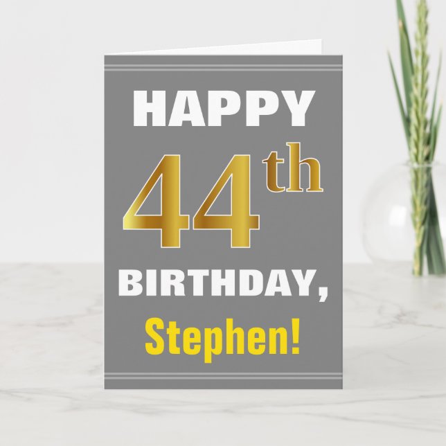 Tarjeta Negrita, gris, oro falso 44º cumpleaños con tarjet (Anverso)