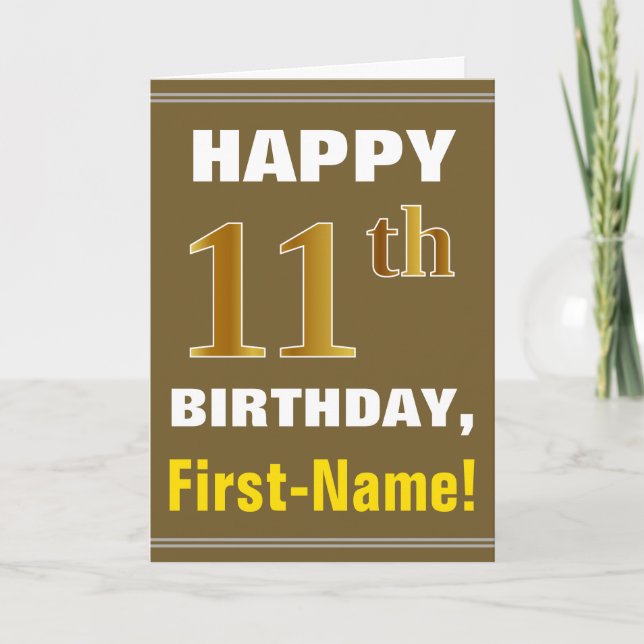 Tarjeta Negrita, marrón, oro falso 11º cumpleaños con tarj (Anverso)