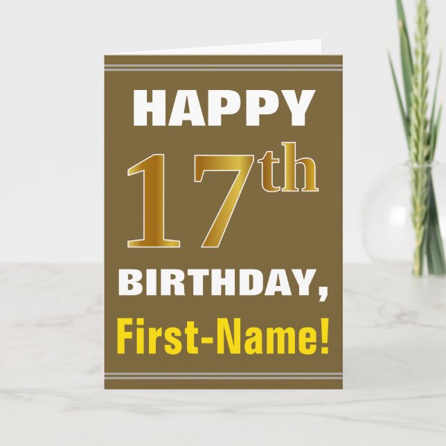 Tarjeta Negrita, marrón, oro falso 17 cumpleaños con tarje (Anverso)