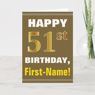 Tarjeta Negrita, marrón, oro falso 51º cumpleaños con tarj