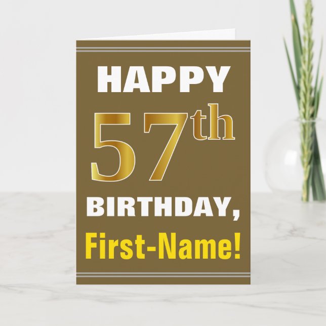 Tarjeta Negrita, marrón, oro falso 57º cumpleaños con tarj (Anverso)
