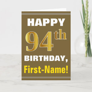 Tarjeta Negrita, marrón, oro falso 94º cumpleaños con tarj