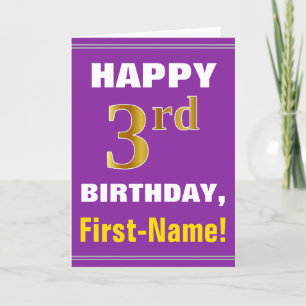 Tarjeta Negrita, morado, falso oro tercer cumpleaños con t